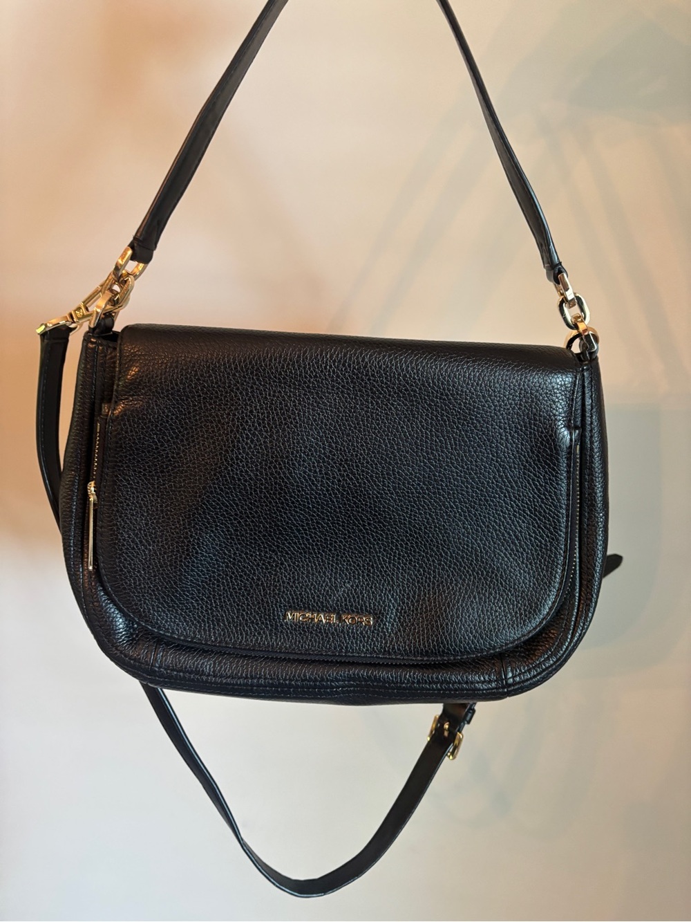 Michael Kors Black Pebbled Leather Shoulder Bag with Gold Hardware